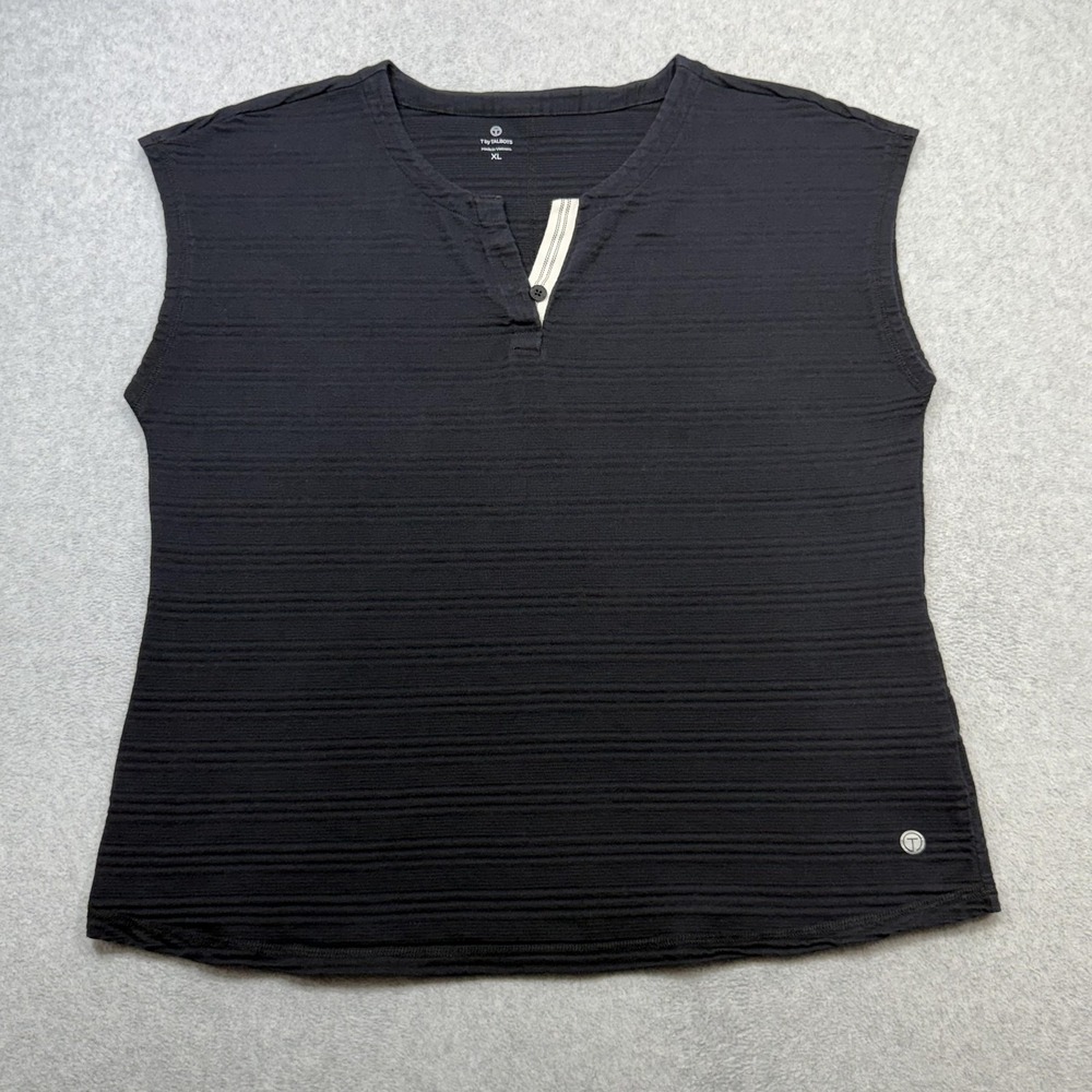 T By Talbots Top Womens XL Black Sleeveless Henley Textured Stripe Knit Top